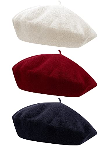 3 Pieces Beret Hat French Style Beanie Cap Solid Color Winter Hat for Women and Girls Casual Use (Navy, White, Burgundy)