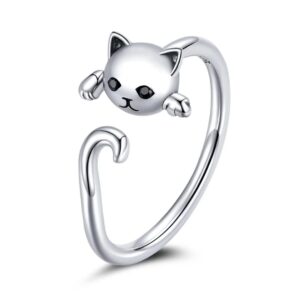 Qings Lovely Cat Adjustable Ring 925 Sterling Cubic Zirconia Animal Ring Silver Simple Cute Pet Kitty Wrap Stackable Statement Wedding Engagement Finger Rings Fashion Jewelry Gifts for Women