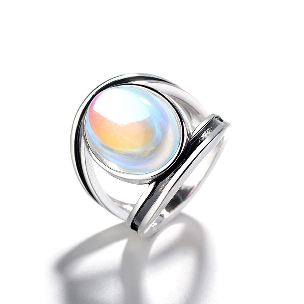 WDIYIEETN Vintage Silver Ring Oval Cut Natural Colorful Moonstone Elegant Gemstone Wedding Ring (10)