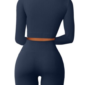 QINSEN Workout Sets for Women 2 Piece Seamless Long Sleeve Crop Tops Ribbed High Waist Leggings (M, Y118 Dark Blue)