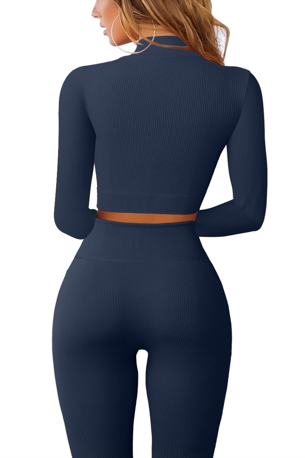 QINSEN Workout Sets for Women 2 Piece Seamless Long Sleeve Crop Tops Ribbed High Waist Leggings (M, Y118 Dark Blue)