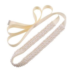 Fubney Crystal Bridal Belt Handmade Pearls Wedding Sash Belts Bridesmaid Sash for Women's Dress (ivory)