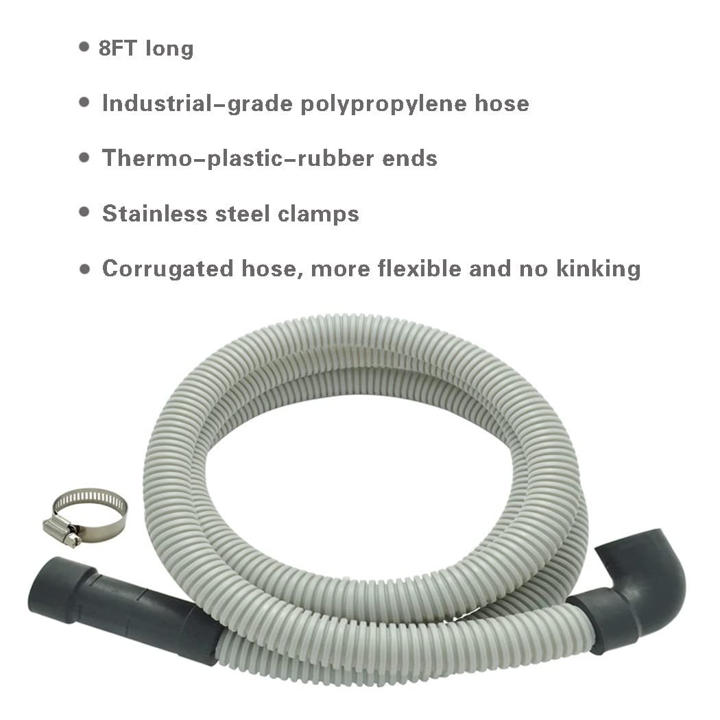 Universal Dishwasher Drain Hose with Elbow - 8 Ft Discharge Hose - Corrugated and Flexible Dishwasher Hose Drain Replacement with Clamp by TT FLEX