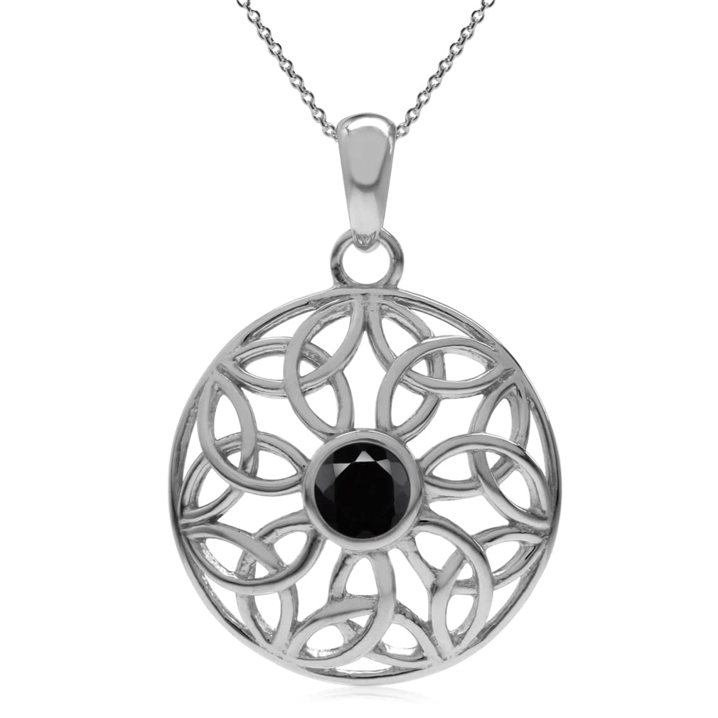 Silvershake Natural Black Onyx 925 Sterling Silver Triquetra Celtic Knot Circle Pendant with 18 Inch Chain Necklace