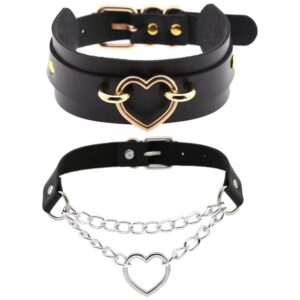 Adjustable PU Leather Choker Necklace, Goth Punk Choker Collar Necklace for Women Girls Boys Rockers (2 Heart)