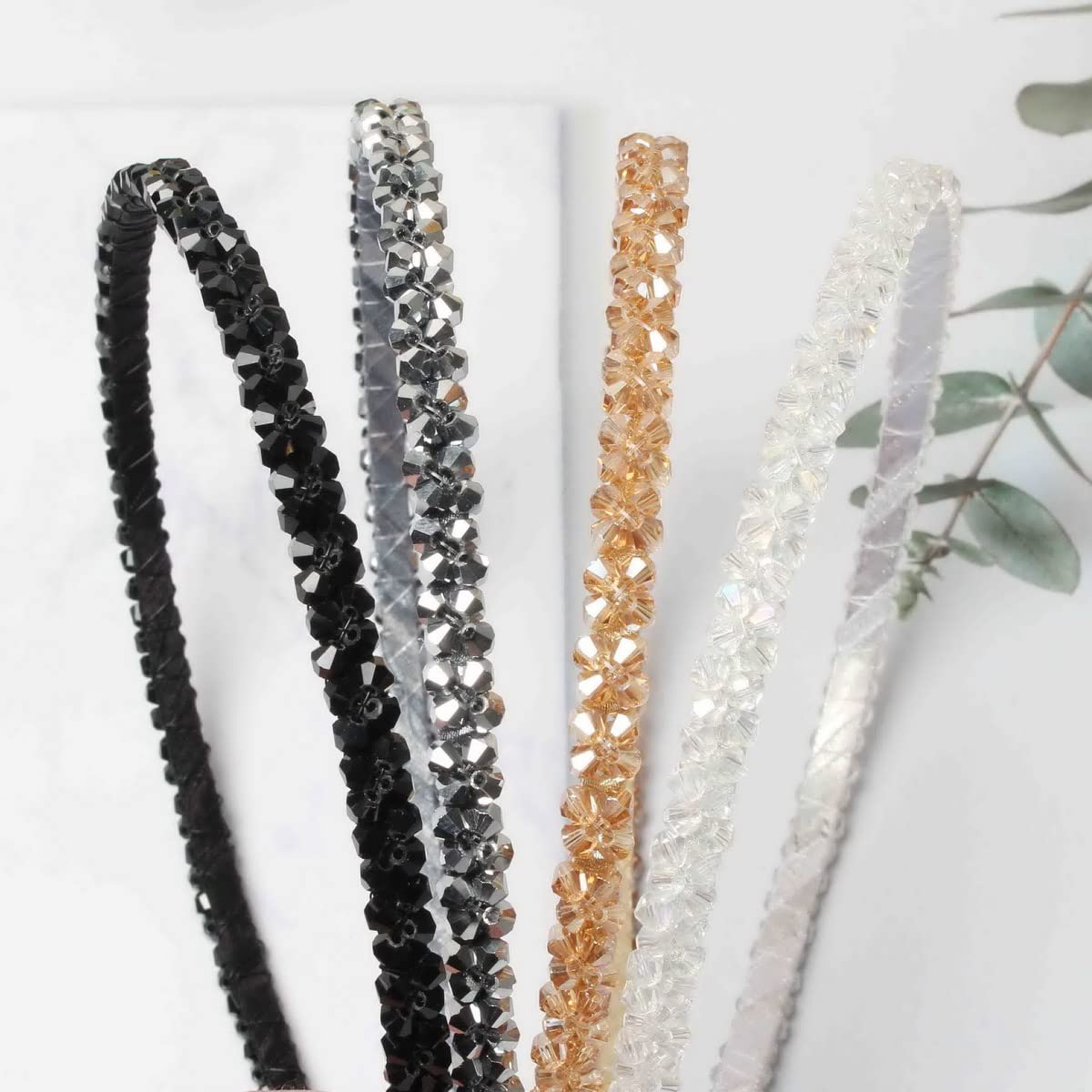 Cuizhiyu 4 PK Crystal Rhinestone Headbands for Women Girls Double Rows Sparkly Beaded Hair Hoops Clear Black Weave Narrow Hair Bands Hair Accessories (Color A)