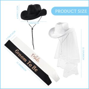 SATINIOR 2 Pieces Bride Cowgirl Hat with Veil, Groom and Bride Hats, 2 Pieces Bride and Groom to Be Sash Bachelorette Party Supplies for Women Men Wedding Bridal Shower Decoration