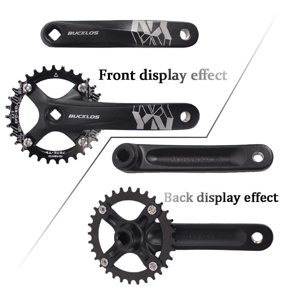 BUCKLOS MTB 170mm Square Taper Crankset, 104 BCD Mountain Bike Narrow Wide Tooth Chainring 32T, Single Speed Round Black Chainring and Crank，MTB Road Bike Black Lightweight Pedals