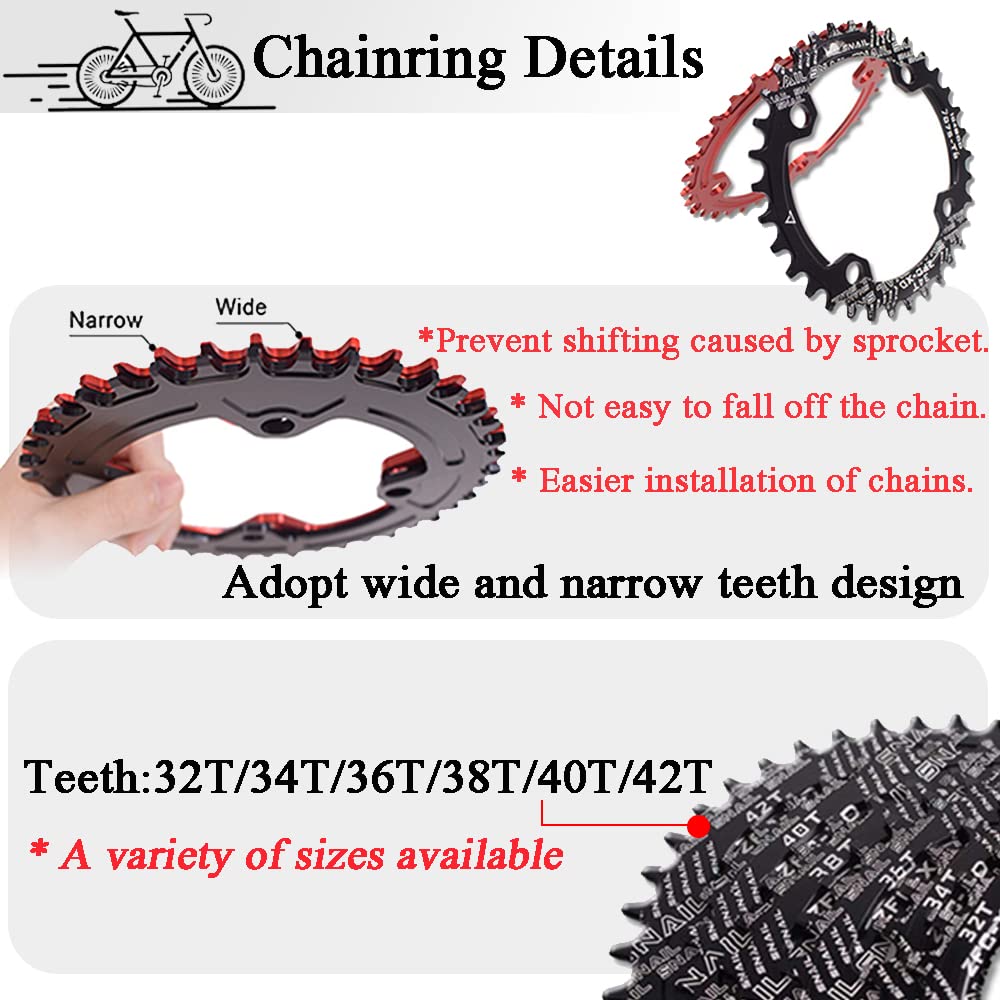 BUCKLOS MTB 170mm Square Taper Crankset, 104 BCD Mountain Bike Narrow Wide Tooth Chainring 32T, Single Speed Round Black Chainring and Crank，MTB Road Bike Black Lightweight Pedals