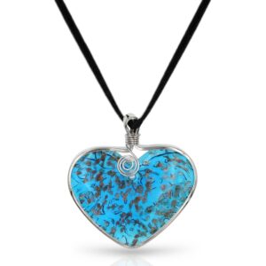 BESHEEK Handmade Murano Inspired Metal Frame Blown Glass Lampwork Art Pendant Necklace for Women│ Handcrafted Artisan Hypoallergenic Italian Style Jewelry (Blue and Gold Heart)