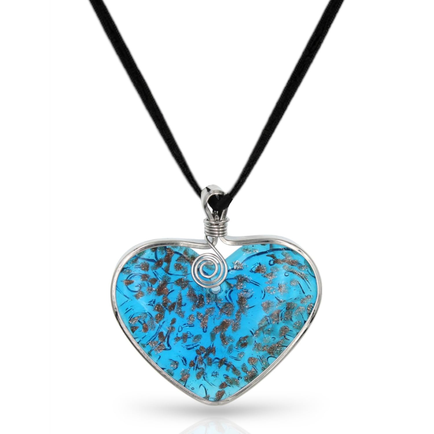 BESHEEK Handmade Murano Inspired Metal Frame Blown Glass Lampwork Art Pendant Necklace for Women│ Handcrafted Artisan Hypoallergenic Italian Style Jewelry (Blue and Gold Heart)