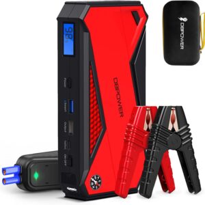 dbpower 1600a peak car jump starter 17200mah portable jump starter (up to 7.2l gas, 5.5l diesel engines) car battery booster pack with lcd screen, smart charging port, compass, and led light