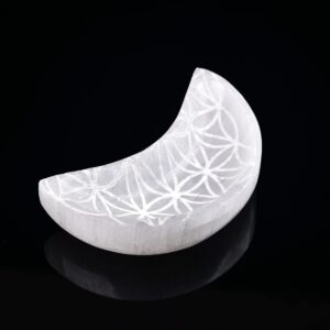 AMOYSTONE Selenite Charging Bowl 4” Crescent Moon Stone Bowl Engraving Pattern Flower of Life, for Jewelry, Home Decoration