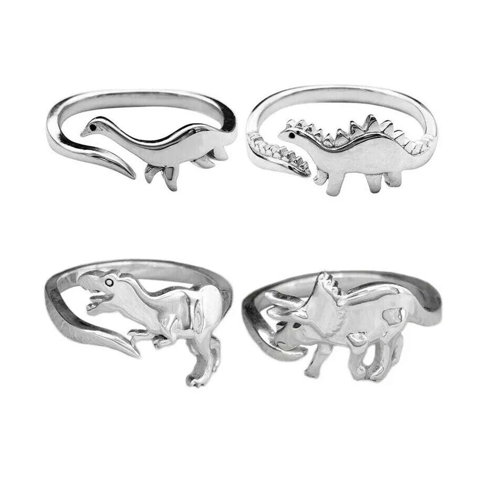 COLORFUL BLING 4Pcs Dinosaur Rings Stegosaurus Tyrannosaurus Triceratops Adjustable Rings for Hip Hop Hippie Style Cool Jewelry Women Men (4Pcs)