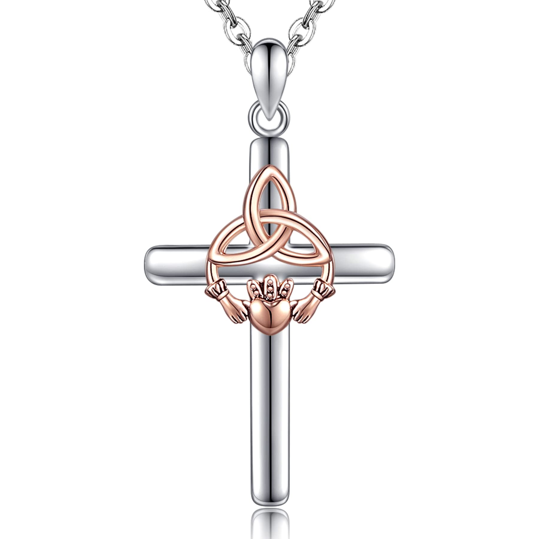 CHIC & ARTSY Celtic Cross Necklace 925 Sterling Silver Claddagh Celtic Knot Pendant Necklace for Women Dainty Two-Tone Christian Claddagh Celtic Trinity Knot Cross Necklace For Women