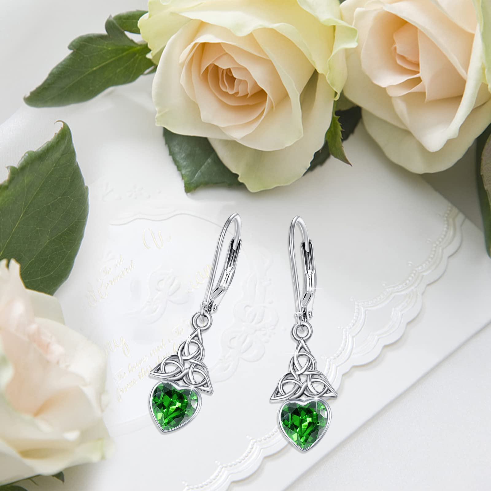 Celtic Emerald Birthstone Dangling Earrings 925 Sterling Silver Birthstone Emerald Green Drop Dangle Earrings May Birthstone Earring Celtic Jewelry Christmas Gifts for Women Graduation Gifts Birthday