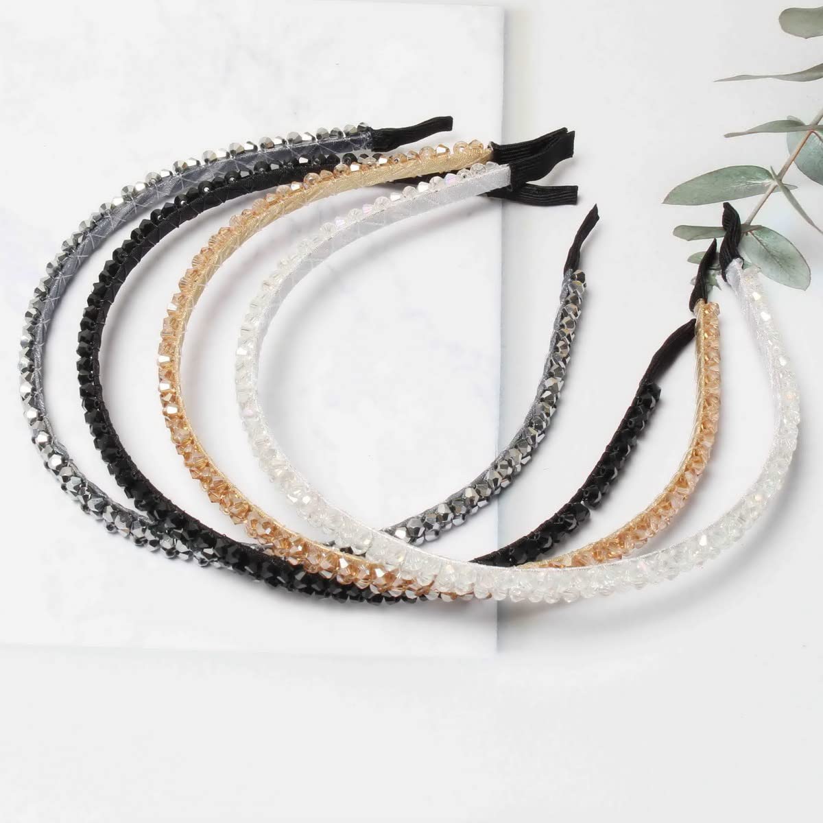 Cuizhiyu 4 PK Crystal Rhinestone Headbands for Women Girls Double Rows Sparkly Beaded Hair Hoops Clear Black Weave Narrow Hair Bands Hair Accessories (Color A)