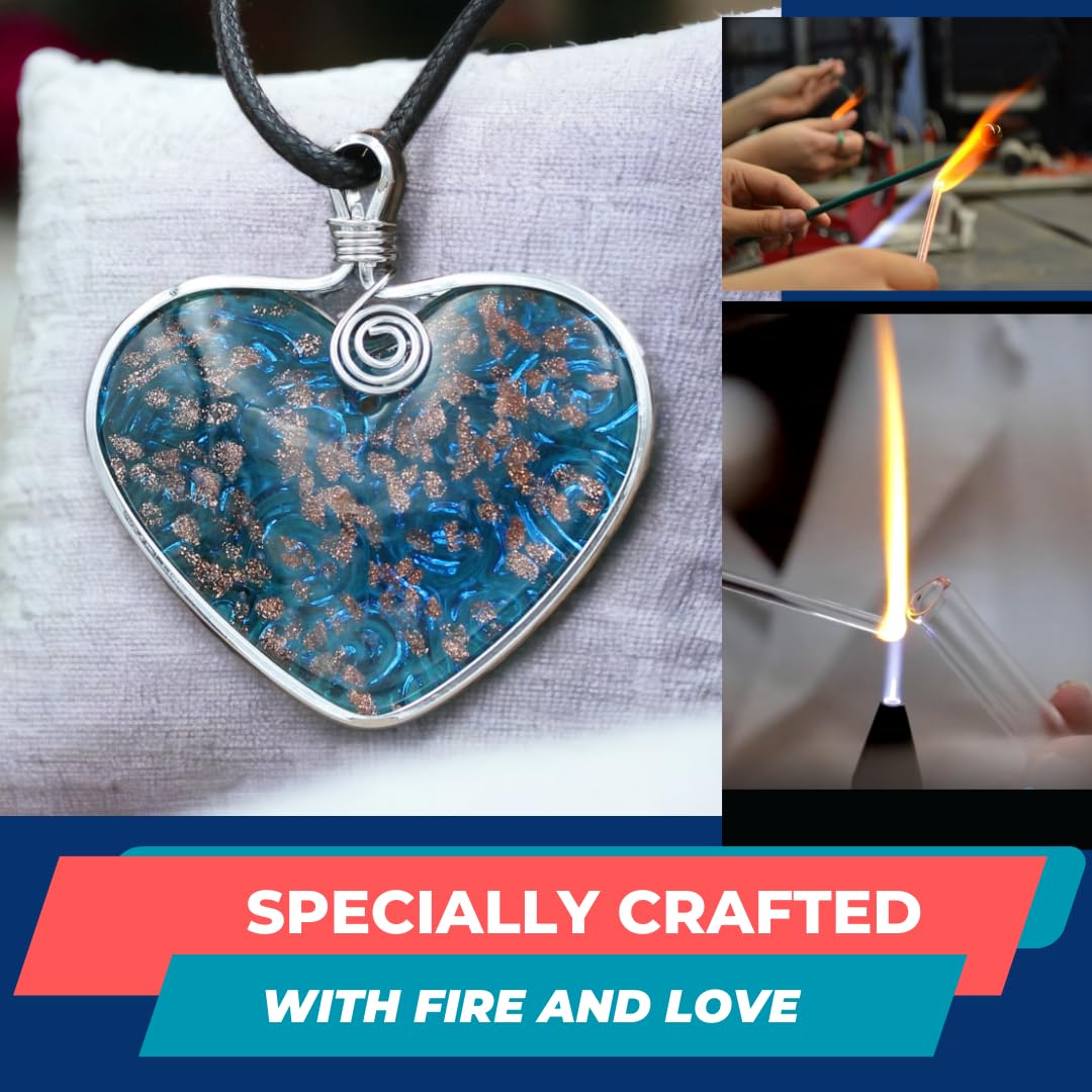 BESHEEK Handmade Murano Inspired Metal Frame Blown Glass Lampwork Art Pendant Necklace for Women│ Handcrafted Artisan Hypoallergenic Italian Style Jewelry (Blue and Gold Heart)