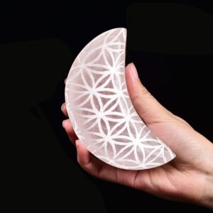 amoystone selenite charging bowl 4” crescent moon stone bowl engraving pattern flower of life, for jewelry, home decoration