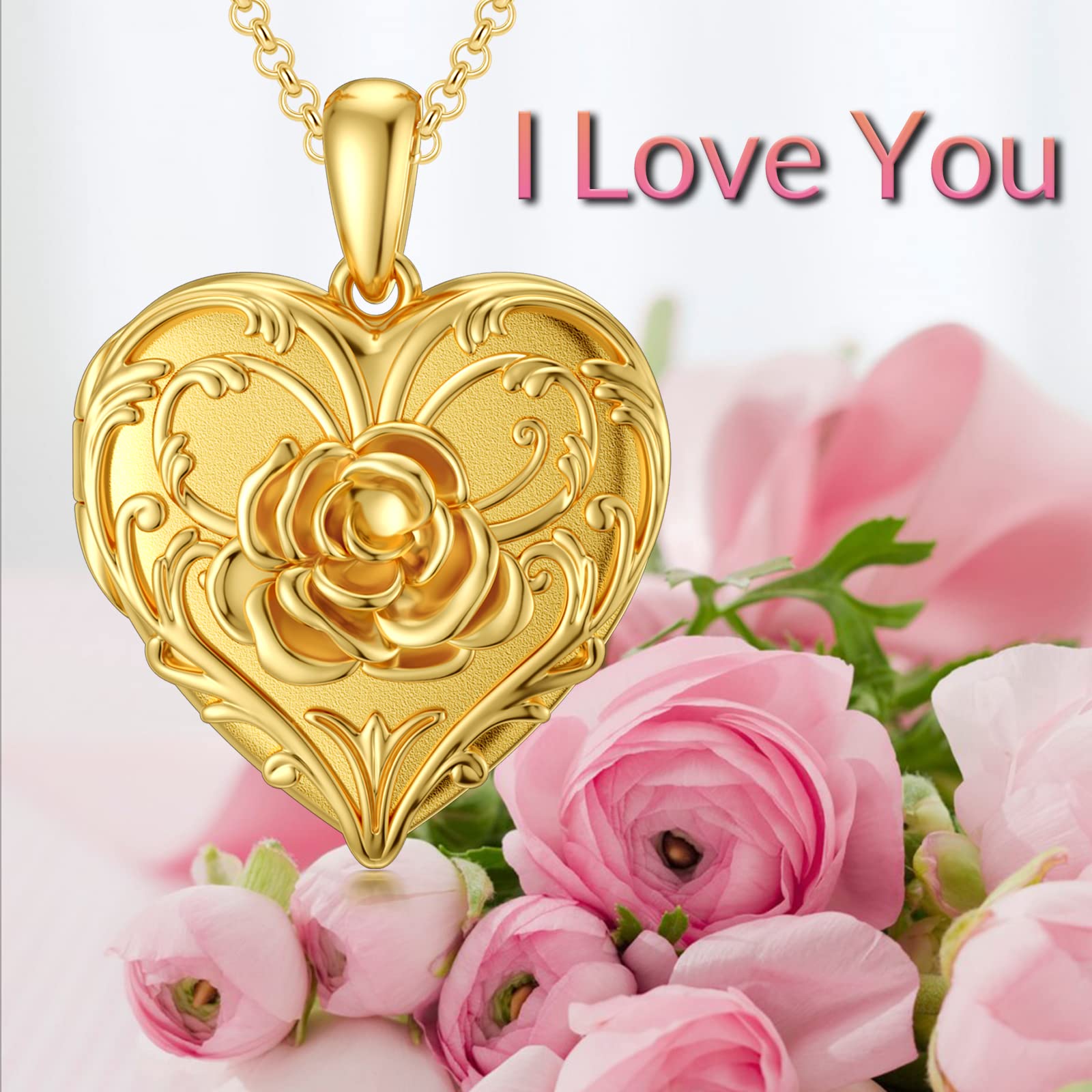 SOULMEET 18k Gold Plated Silver Rose Heart Shaped Locket Necklace That Holds 2 Picture,Your Are My Sunshine, 18" (Locket only)