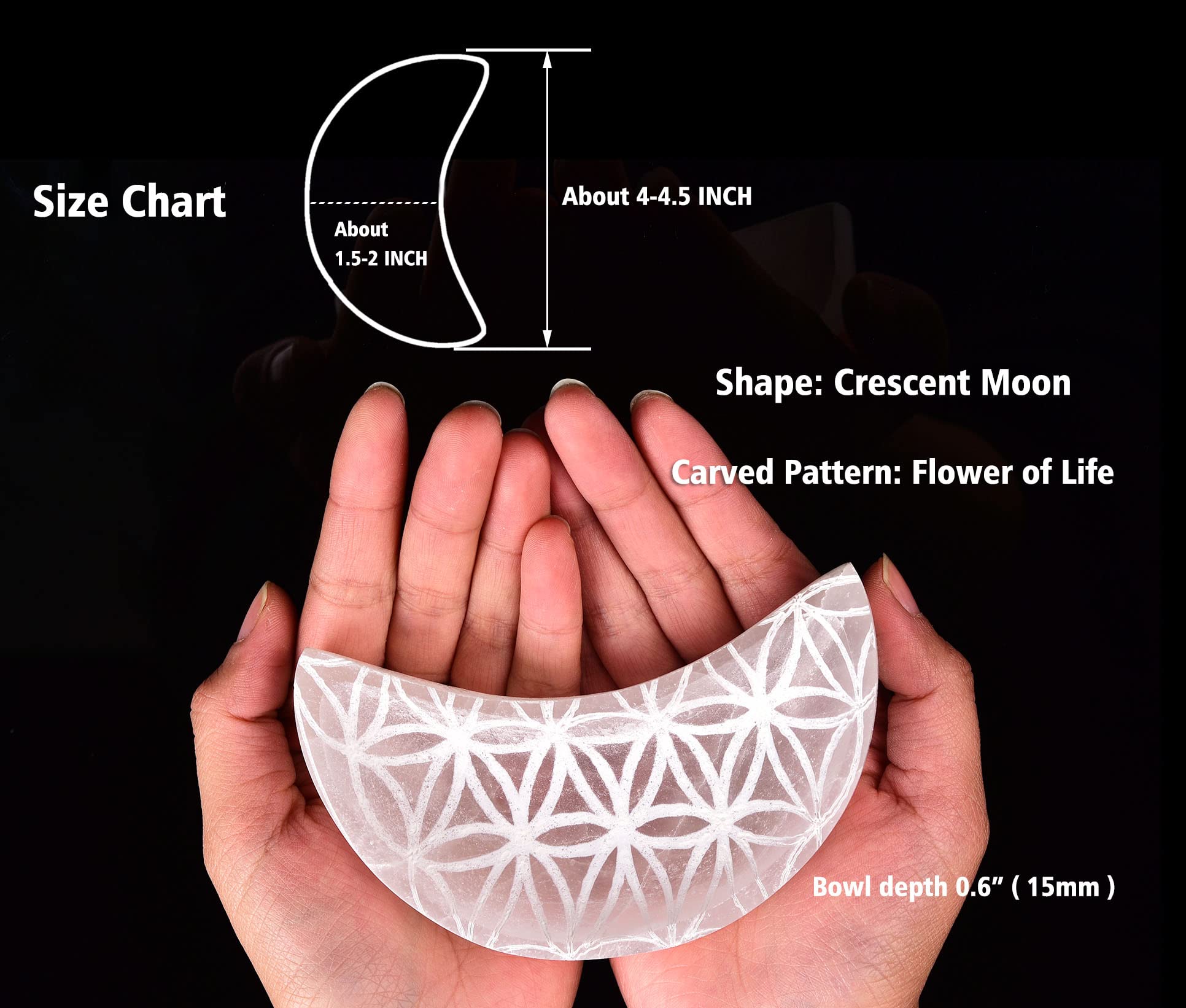 AMOYSTONE Selenite Charging Bowl 4” Crescent Moon Stone Bowl Engraving Pattern Flower of Life, for Jewelry, Home Decoration