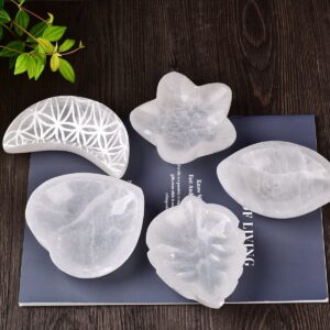 AMOYSTONE Selenite Charging Bowl 4” Crescent Moon Stone Bowl Engraving Pattern Flower of Life, for Jewelry, Home Decoration