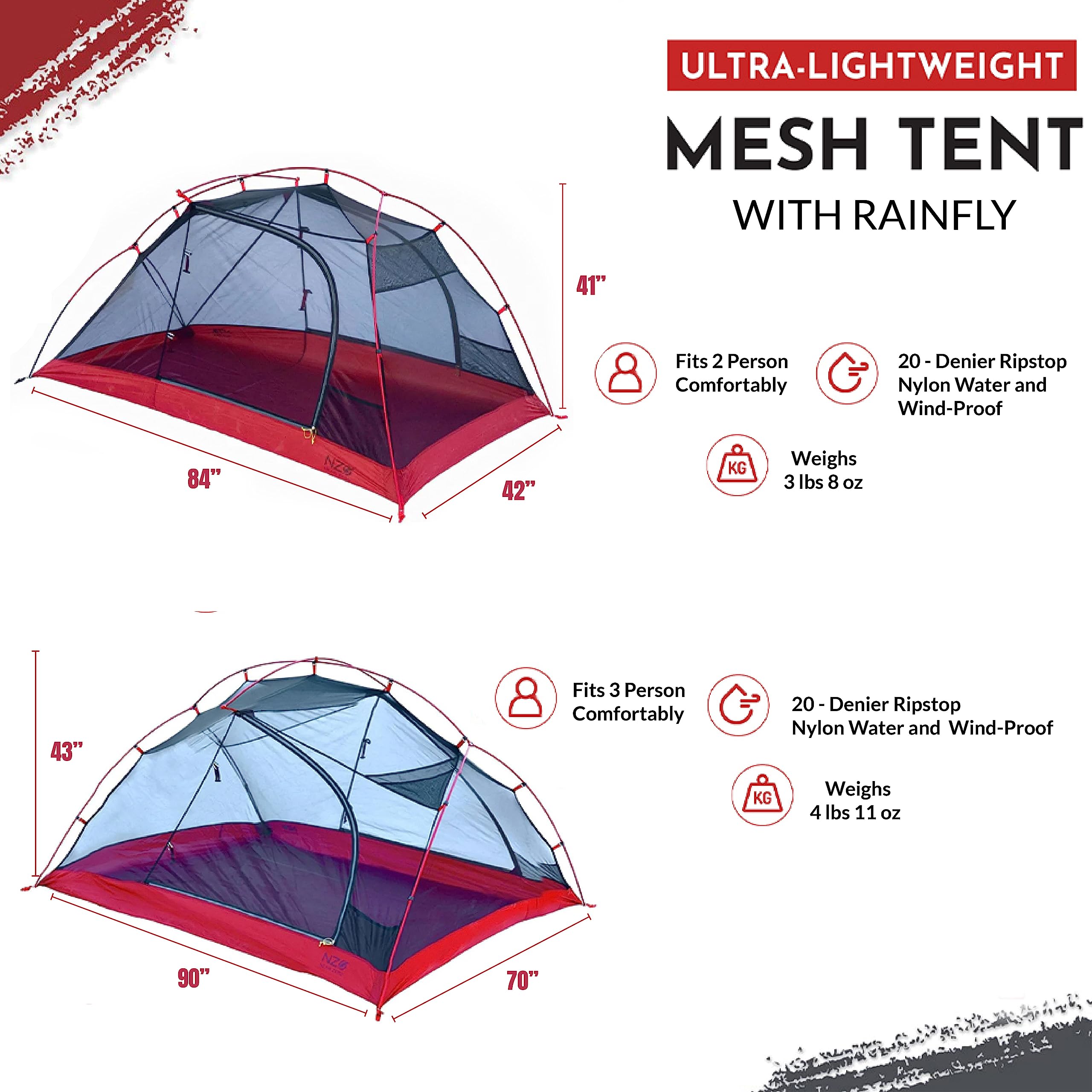 Near Zero 3 Person Ultralight Backpacking Tent, 2 Door, 20D Ripstop Waterproof Sealed Nylon, Freestanding, Rainfly, 3 Season, with Lightweight Aluminum Frame. Easy Setup System