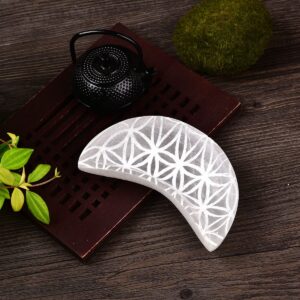 AMOYSTONE Selenite Charging Bowl 4” Crescent Moon Stone Bowl Engraving Pattern Flower of Life, for Jewelry, Home Decoration