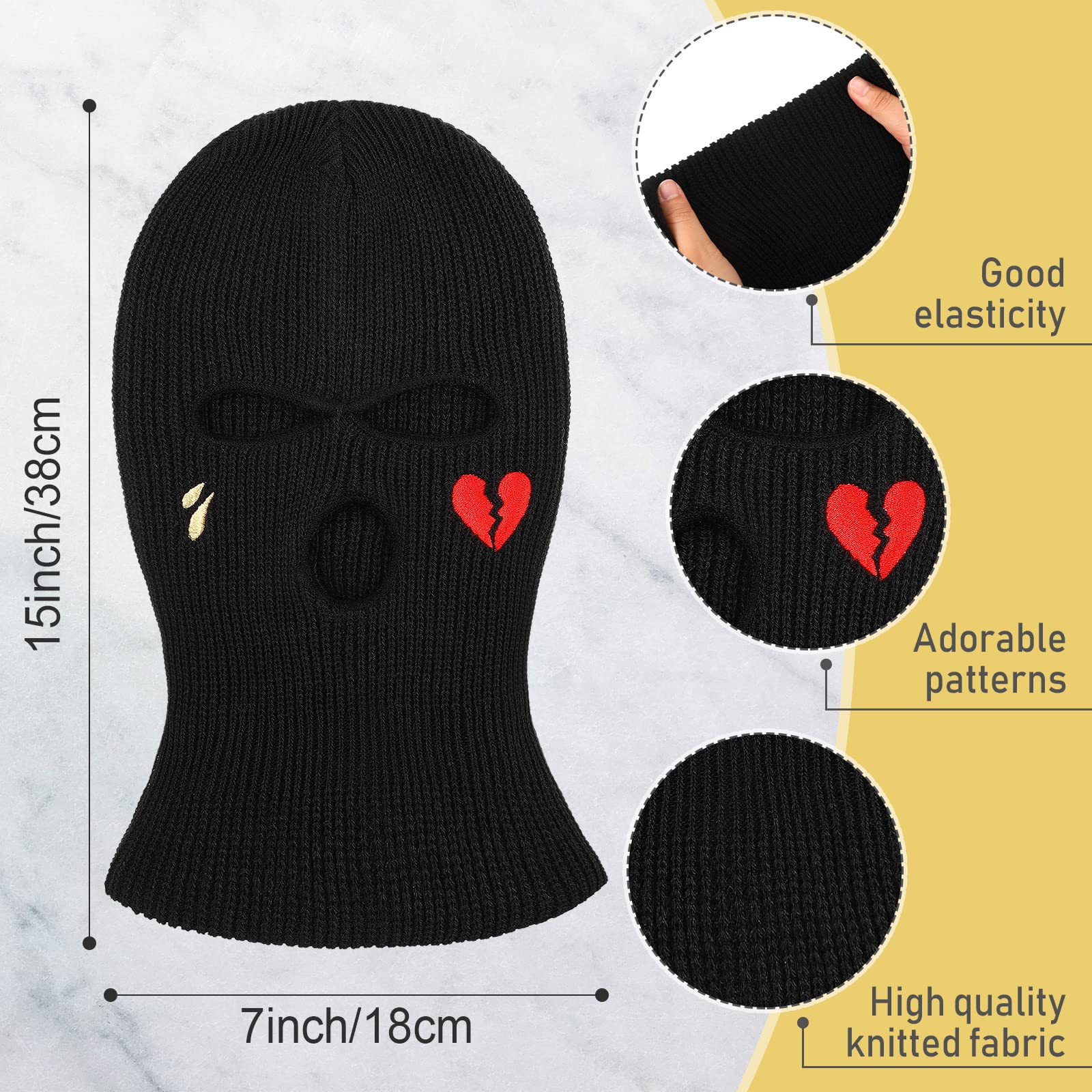 3-Hole Knitted Full Face Cover Ski Mask 2 Pcs Balaclava Knitted Three Hole Mask Beanie Winter for Outdoor Activities (Black, Smile Style)