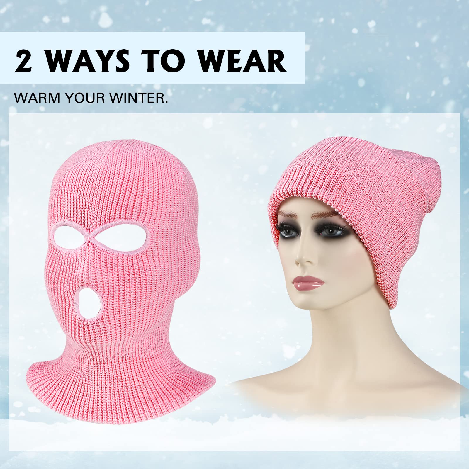 3 Pieces 3 Hole Ski Mask Balaclava Ski Mask Winter Knitted Neck Mask Face Cover for Halloween Men Outdoor Sports(Pink)