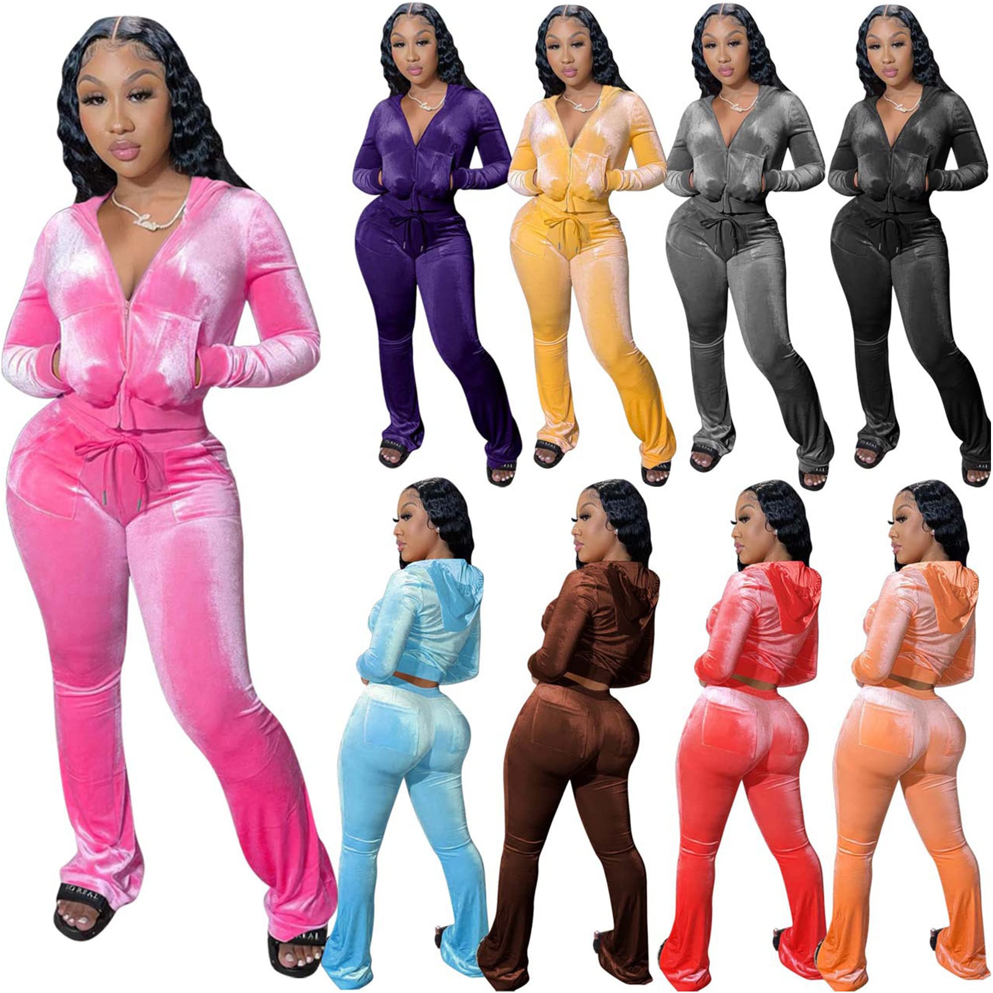 Womens Velour Hoodie Jogger Tracksuit Two Piece Outfits for Women, Long Sleeve Full-Zip Up Crop Tops Jacket Flared Pants Matching Set Sportswear Jogging Sweatsuit Pockets Patchwork Glitter Stripe