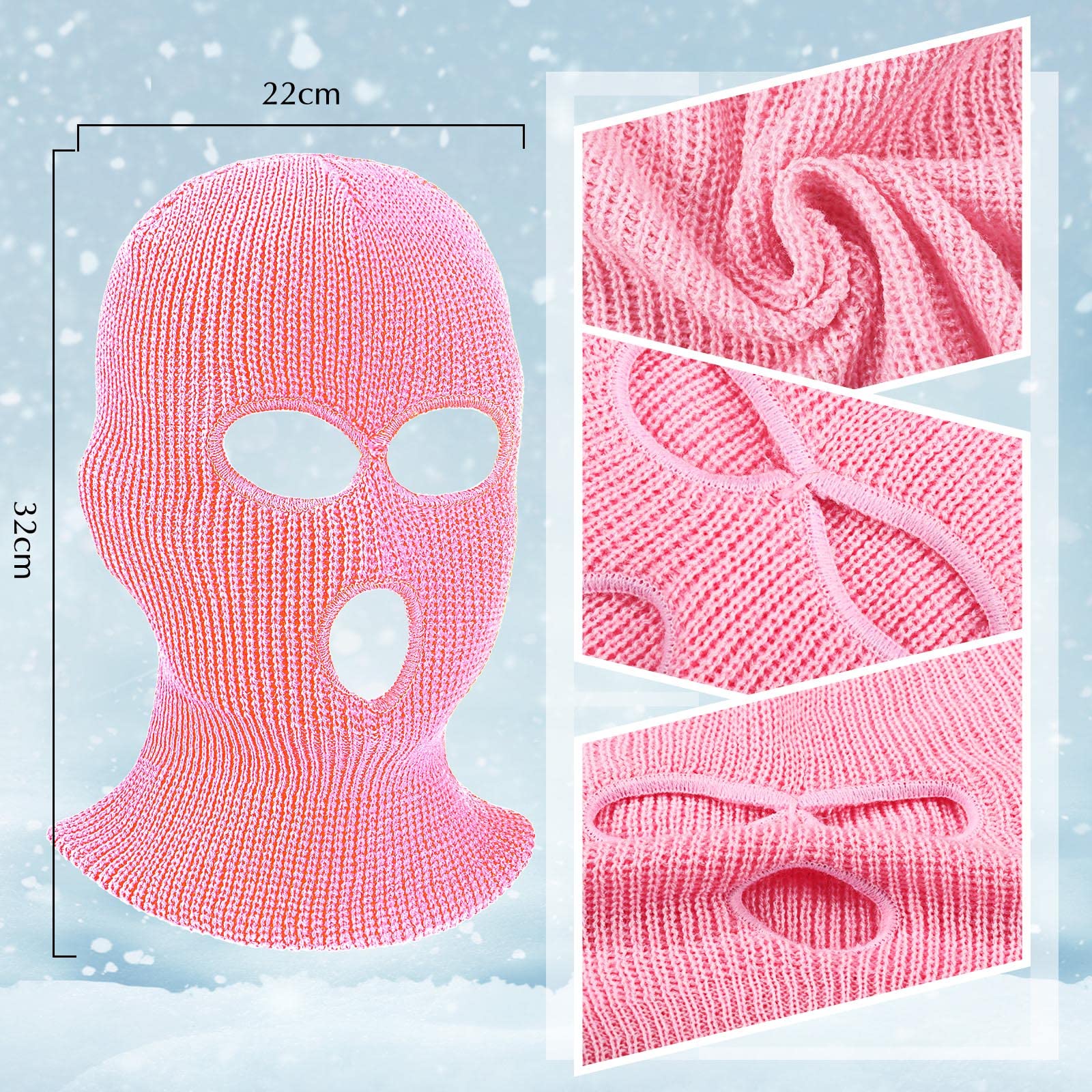 3 Pieces 3 Hole Ski Mask Balaclava Ski Mask Winter Knitted Neck Mask Face Cover for Halloween Men Outdoor Sports(Pink)