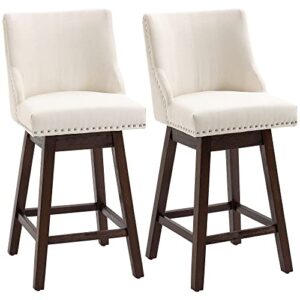 homcom 28" swivel bar height bar stools set of 2, armless pu leather upholstered barstools chairs with nailhead trim and wood legs, cream white