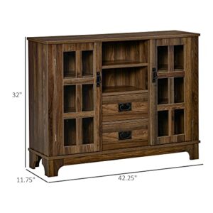 HOMCOM Sideboard Buffet Cabinet, Glass Door Kitchen Cabinet, Coffee Bar Cabinet with Storage Drawers & Adjustable Shelves for Living Room, Dark Walnut