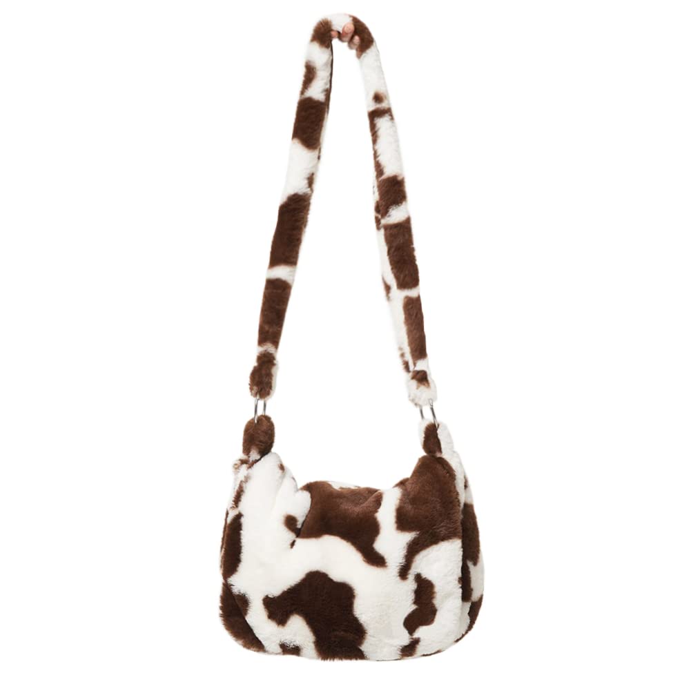 YIUOR Faux Fur Crossbody Bag Cow Print Women Plush Fluffy Furry Shoulder Tote Bag with Zipper Closure (Brown)