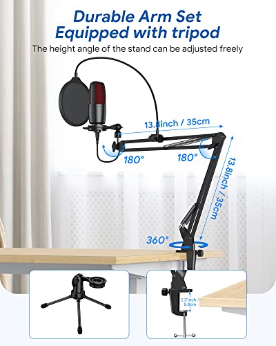 TECURS USB Microphone Condenser, PC Microphone Kit for Computer, Streaming Mic with Adjustable Boom Arm, Gaming,Microphone for Podcast, Twitch, YouTube, PS4, PS5