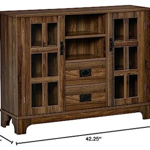 HOMCOM Sideboard Buffet Cabinet, Glass Door Kitchen Cabinet, Coffee Bar Cabinet with Storage Drawers & Adjustable Shelves for Living Room, Dark Walnut