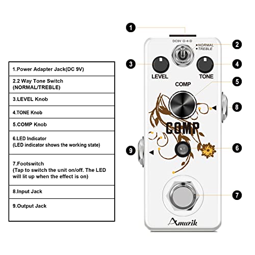 Amuzik Guitar Compressor Effect Pedal Analog Vintage Ultimate Compression 2 Modes Comp Effect Pedals for Electric Guitar True Bypass