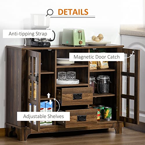 HOMCOM Sideboard Buffet Cabinet, Glass Door Kitchen Cabinet, Coffee Bar Cabinet with Storage Drawers & Adjustable Shelves for Living Room, Dark Walnut