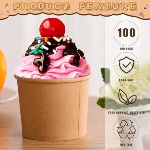 Honeydak 100 Pieces Ice Cream Cups Paper Disposable Sundae Bowls Kraft Paper Hot Cold Soup Snack Yogurt Dessert Small Cups for Ice Cream Baby Shower Party Supplies, Brown(8 oz)