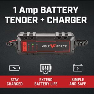 VoltForce 1A Battery Charger and Maintainer: Fully Automatic 6V and 12V Automotive Battery Charger for Cars, Motorcycle, ATVs, and More - Smart Battery Chargers VF-1006,1 AMP