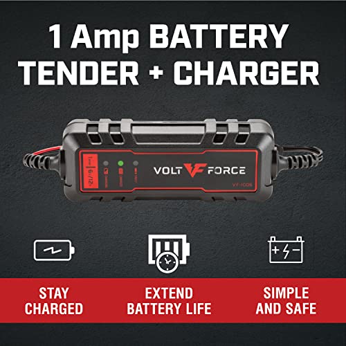 VoltForce 1A Battery Charger and Maintainer: Fully Automatic 6V and 12V Automotive Battery Charger for Cars, Motorcycle, ATVs, and More - Smart Battery Chargers VF-1006,1 AMP