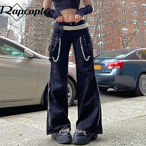 Biivrii Women High Waisted Gothic Cargo Pants Low Waist Wide Leg Flare Denim Trousers Baggy Jeans Fashion Y2K Streetwear