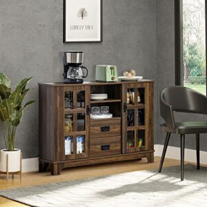 HOMCOM Sideboard Buffet Cabinet, Glass Door Kitchen Cabinet, Coffee Bar Cabinet with Storage Drawers & Adjustable Shelves for Living Room, Dark Walnut