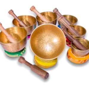 MASUM Tibetan Singing Bowl Set of 7, Authentic 7 metals for Yoga, Chakra healing, Deep Relaxation, Stress Relief and Mindfulness, Handmade in Nepal, comes w/ silk cushions an sticks MA-04