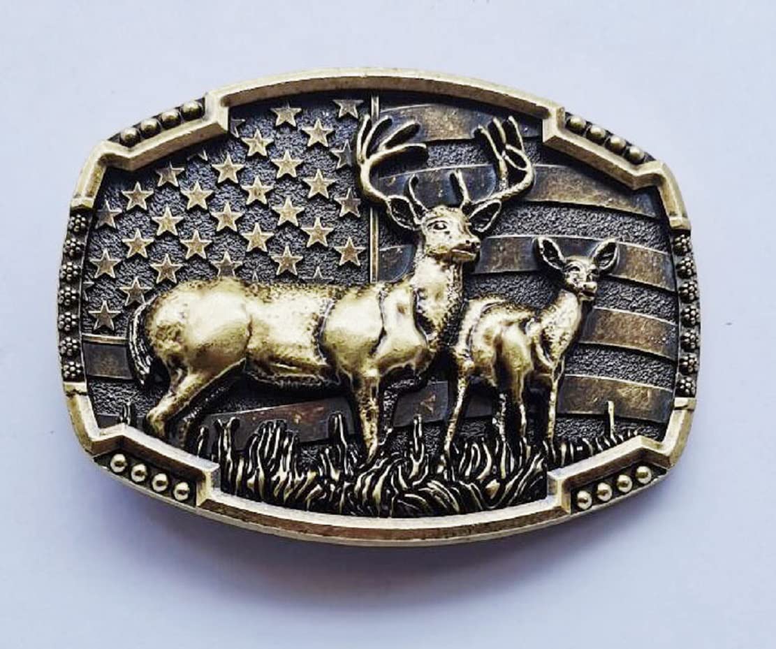 Longcreek Deer Belt Buckle for Men, Patriotic American flag Deer Belt Buckle, Elk Deer Belt Buckle, Norse Viking Deer Head Belt Buckle, Punk Deer Belt Buckle, Western Cowboy Belt Buckle(Gold)