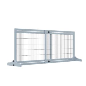 pawhut 72" w x 27.25" h extra wide freestanding pet gate with adjustable length dog, cat, barrier for house, doorway, hallway, gray