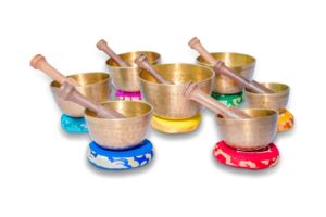 masum tibetan singing bowl set of 7, authentic 7 metals for yoga, chakra healing, deep relaxation, stress relief and mindfulness, handmade in nepal, comes w/ silk cushions an sticks ma-04