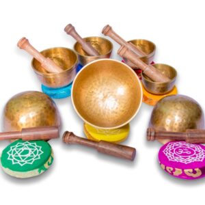 MASUM Tibetan Singing Bowl Set of 7, Authentic 7 metals for Yoga, Chakra healing, Deep Relaxation, Stress Relief and Mindfulness, Handmade in Nepal, comes w/ silk cushions an sticks MA-04