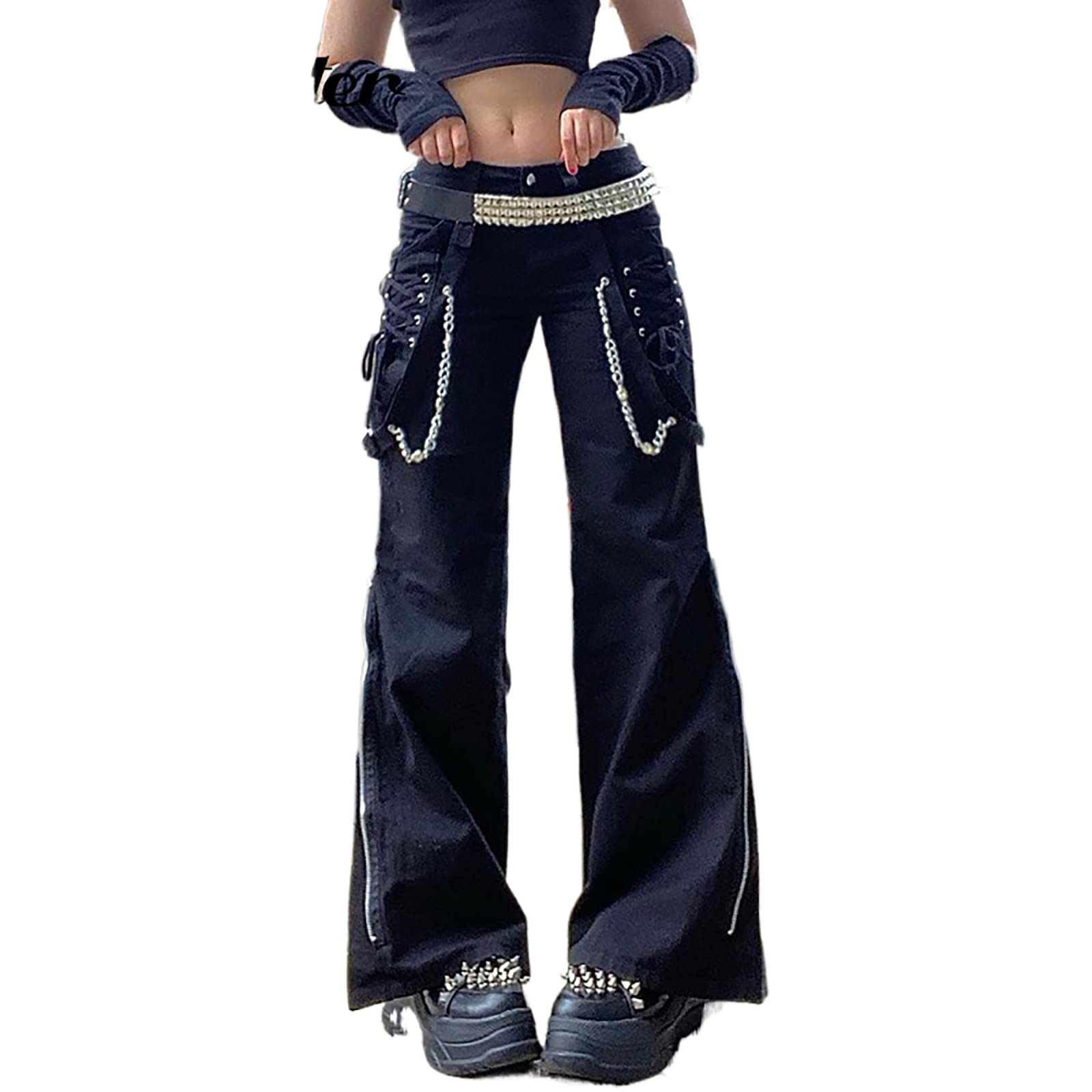 Biivrii Women High Waisted Gothic Cargo Pants Low Waist Wide Leg Flare Denim Trousers Baggy Jeans Fashion Y2K Streetwear